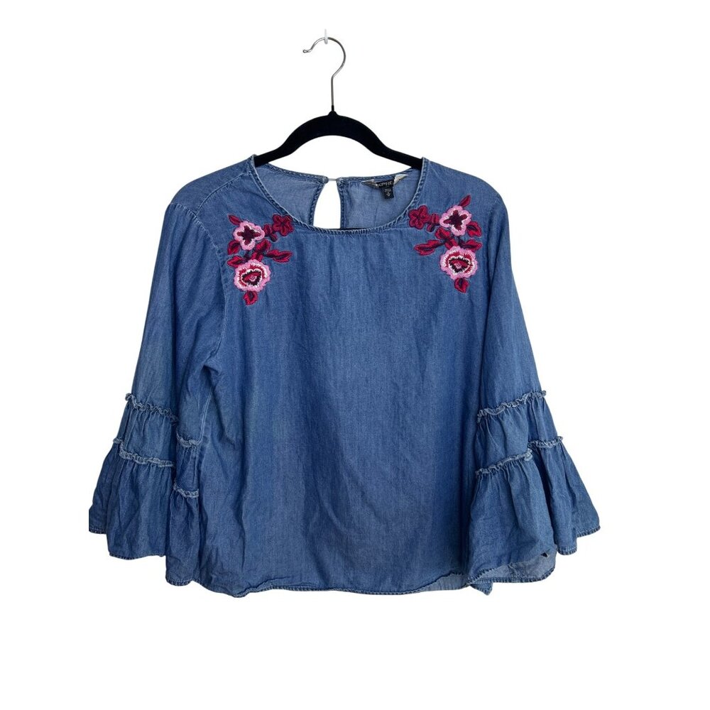 Express Top Blouse Women's Size M Chambray Bell Sleeve Blue Embroidered Floral